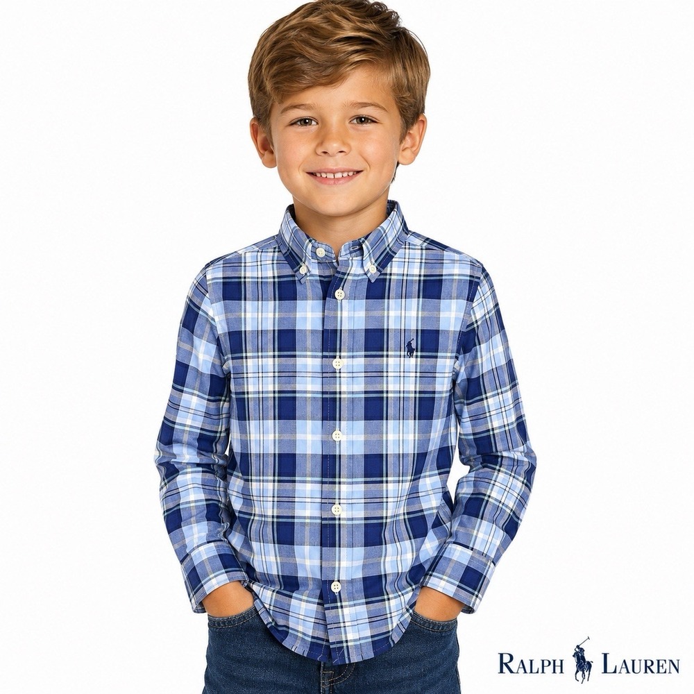 Ralph Lauren Boys Size 6 Blue Plaid Long Sleeve Button Down Cotton Shirt Preppy